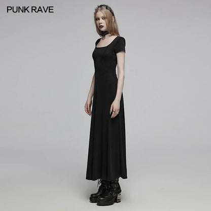 PUNK RAVE Women's Gothic Daily Square Neckline Short Sleeves A Line Long Dress Structure Segmentation Casual Balck