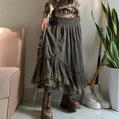 2000s Retro Green Grunge Long Skirts Women Ruffles Shirring Tie-Up Lace Trim A Line Y2K Skirt Fairycore Cute Holiday Outfits Emo