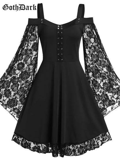 Goth Dark Gothic Aesthetic Vintage Women Autumn Dresses Grunge Lace Patchwork Flare Sleeve Black A-line Dress Punk Partywear