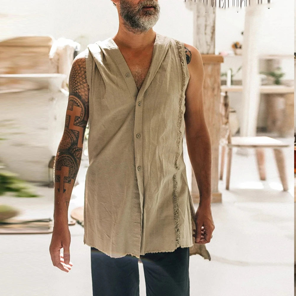 Vintage Men's Clothes Summer Sleeveless Buttoned Vest Shirts Casual Totem Printed Loose Cotton Linen Tank Tops Hooded Cardigan