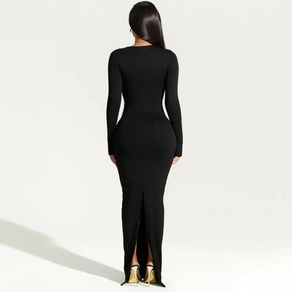 Sexy Black Evening Party Dress Women Elegant 2023 Fall Winter New Outfits Asymmetrical Long Sleeve Slit Maxi Dresses 809