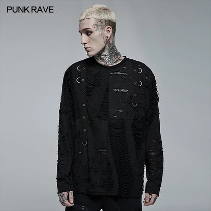 PUNK RAVE Men's Gothic Daily Wear Knited Broken Holes Long Sleeve T-shirt Punk Harajuku Loose Black Tops Spring Autumn