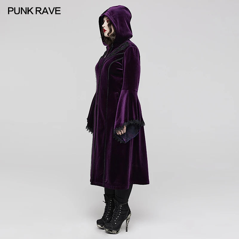 PUNK RAVE Women's Gothic Gorgeous Velvet Warm Coat Symmetrical Shoulder Decal Decoration Purple  Women Clothes Winter