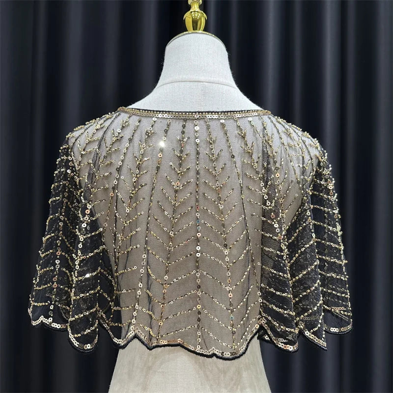 Beading &Sequin Leaf  Shawl Elegant Sparkly Cape Breathable Mesh Short Cardigan Women Trend Dress Accessories For Party Prom 03