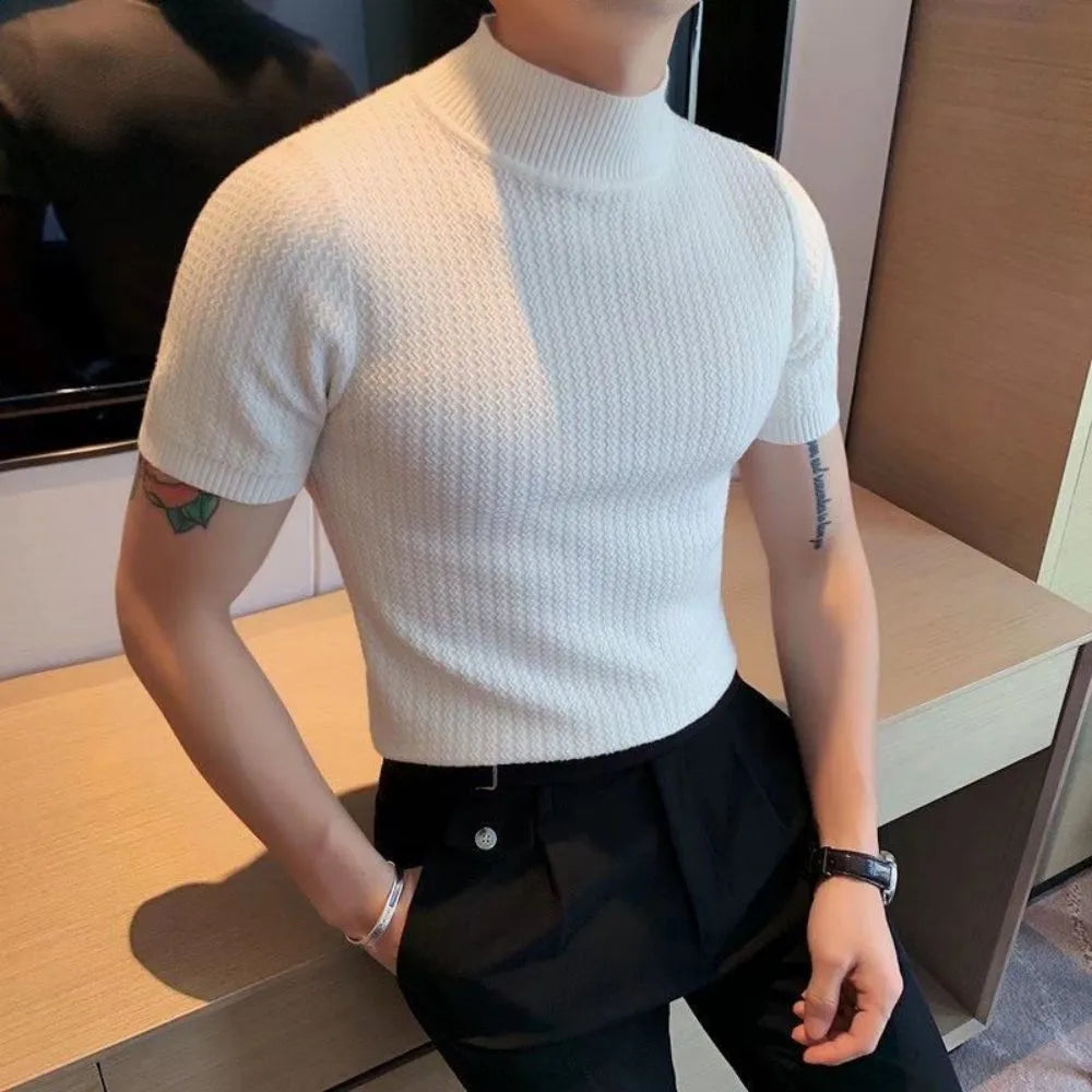 Autumn New Short Sleeve Knitted Sweater Men Tops Clothing 2024 All Match Slim Fit Stretch Turtleneck Casual Pull Homme Pullovers