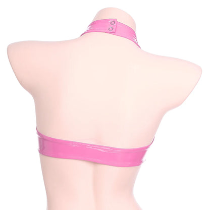 Top corto Sexy de charol para mujer, Tops cortos ajustados, Tops góticos Punk con anillo redondo, cuello Halter con espalda descubierta para fiesta, Club, Festival de Música