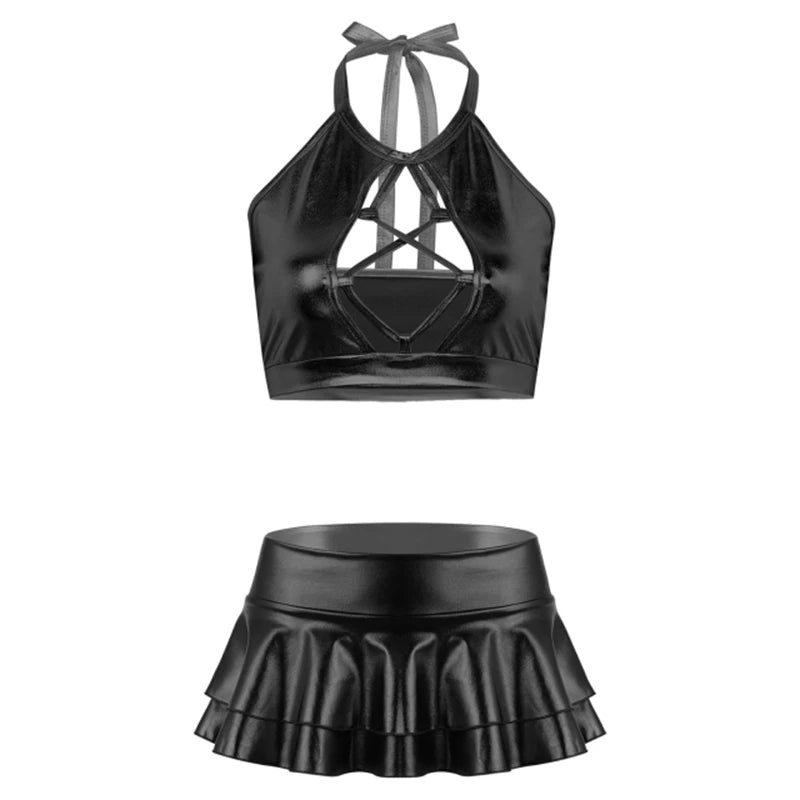 Women Pole Dance Clothing Shiny Metallic Rave Festival Outfit Halter Crop Top Bra Vest With  Faux Leather Fantasy Mini Skirt Set