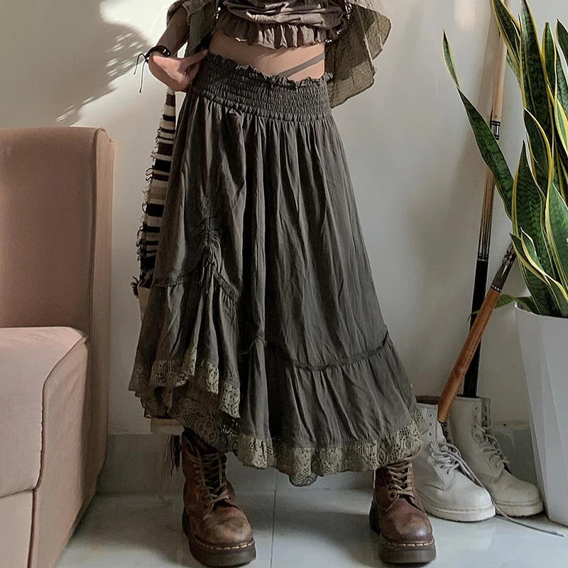 2000s Retro Green Grunge Long Skirts Women Ruffles Shirring Tie-Up Lace Trim A Line Y2K Skirt Fairycore Cute Holiday Outfits Emo