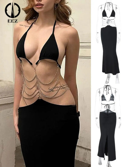 Women Sexy Black Halter Slit Dresses Sleeveless Backless Chain Bandage Revealing Maxi Dress Spring Elegant Outfit Slim Beachear