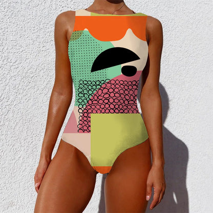 Woman Bikini Backless One Piece Monokini Swimwear Women Abstract Print O-Neck High Wide Straps Swimwears купальник пушап 2023