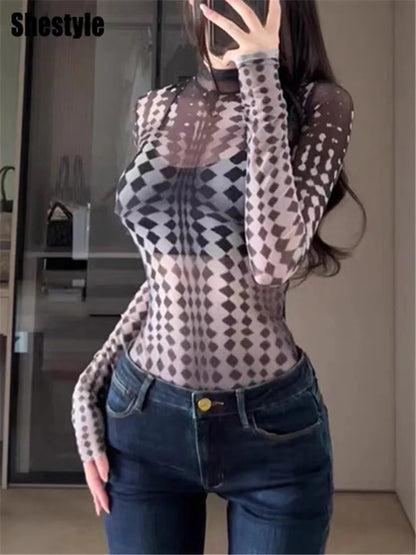 Shestyle 3D Diamond Plaid Mesh Tshirt Womenn Transparent Print Sheer Spring Turtleneck Tops Stretchy Sexy New High Street Tees