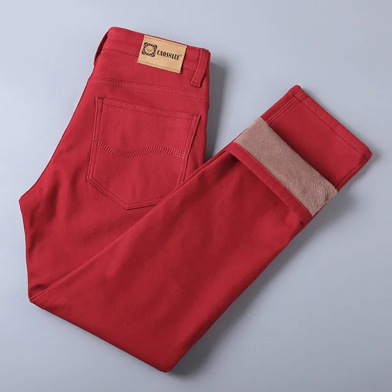 Nuevos pantalones vaqueros de Otoño Invierno para hombre, pantalones vaqueros de lana informales de negocios rojos cálidos, pantalones vaqueros ajustados elásticos, pantalones gruesos de marca para hombre