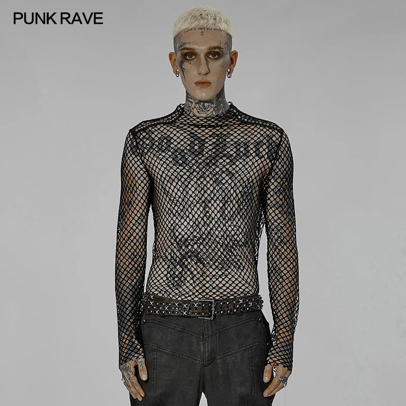 PUNK RAVE Men's Punk Sexy Gauze Rough Edges Slim T-shirt Long Sleeve Black Tops Spring and Summer T Shirts for Men