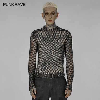 PUNK RAVE hommes Punk Sexy gaze bords rugueux mince T-shirt à manches longues hauts noirs printemps et été t-shirts pour hommes