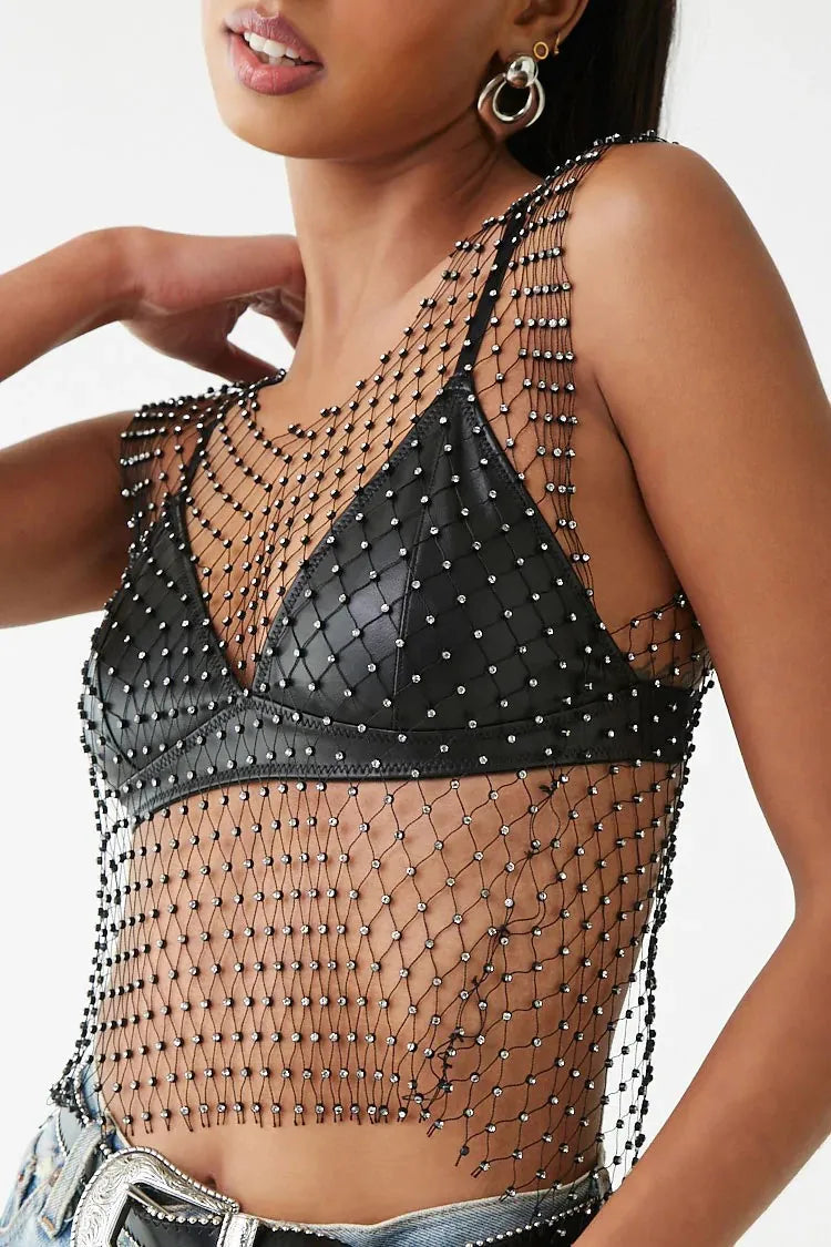 Top corto de rejilla con purpurina y diamantes de imitación para mujer, camiseta Sexy de malla calada transparente para playa Y2K, camisetas sin mangas con diamantes de cristal para fiesta Rave y Club