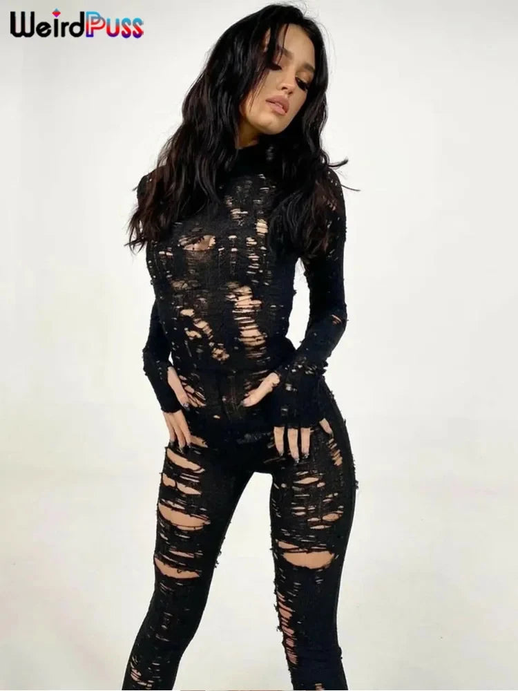 Weird Puss Sexy Hollow Jumpsuit Women Knit Hipster Long Sleeve Fitness Thin Zip Skinny Solid Midnight Workout Clubwear Overalls