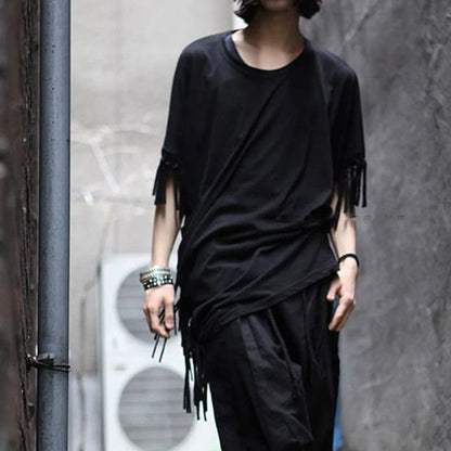 2024 New Men T Shirt Tassel Solid Color Cloak Punk Style Streetwear Fashion Irregular Tops O-neck Loose Casual Cape Camisetas