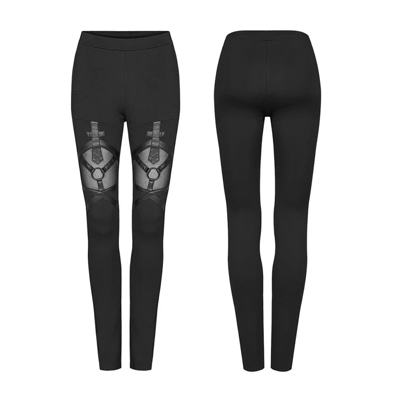 PUNK RAVE Women's Gothic Architecture Black Leggings Fashion Personality Perspective Mesh Elastic Band Trousers Streert Wear