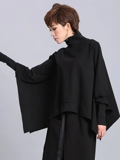 [EAM] Women Black Irregular Casual T-shirt New Turtleneck Batwing Sleeve Loose Fit Fashion Tide Spring Autumn 2024 1DF5328