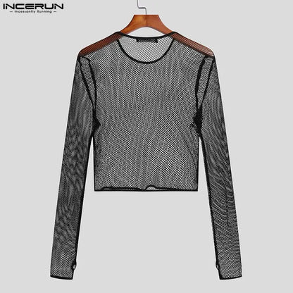 Party Nightclub Style Tops INCERUN Men's See-through Mesh T-Shirts Stylish Casual Hot Sale Long-sleeved Pullover Camiseta S-5XL