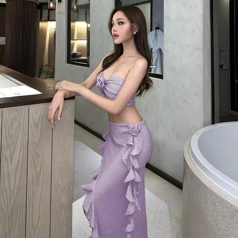 2023 Autumn Women Clothing Suspended floral bra top with sexy split and shimmering casual Slim Fit Skirts Dresses JY23378PF