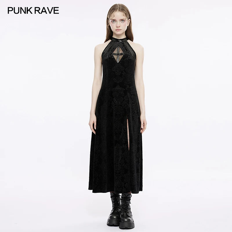 PUNK RAVE Women's Gothic Velvet A-line Sleeveless Long Dress Hollowed Out Diamond Cross Slim Waist High Slit Black