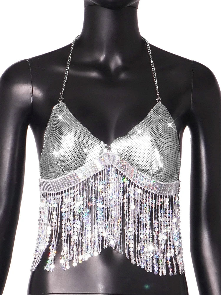 Femmes Sexy coupe basse en métal paillettes licou débardeur discothèque fête dos nu gland paillettes haut court Spice Girl Rave Camisole nouveau