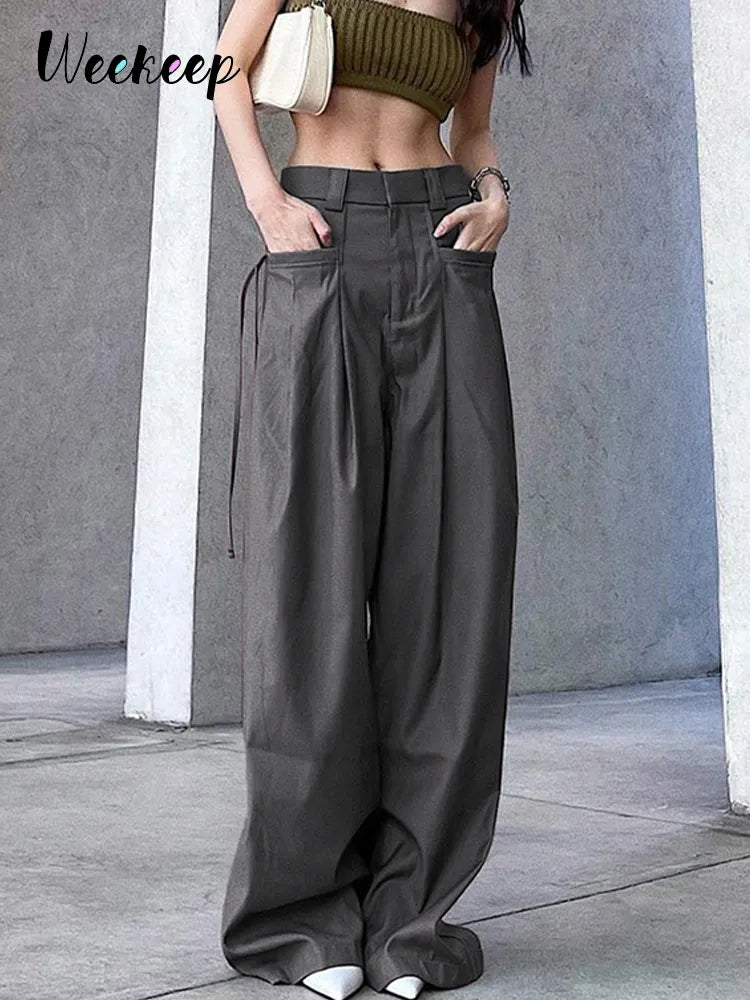 Weekeep – pantalon Cargo gris pour femmes, mode coréenne, poches à lacets, taille basse, pantalons décontractés, Streetwear, pantalon de survêtement esthétique y2k