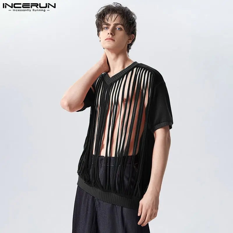 Fashion Casual Style Tops INCERUN Men Short Sleeved Knitted V-neck Printed T-Shirts Sexy Comfortable Hot Selling Hollow Camiseta