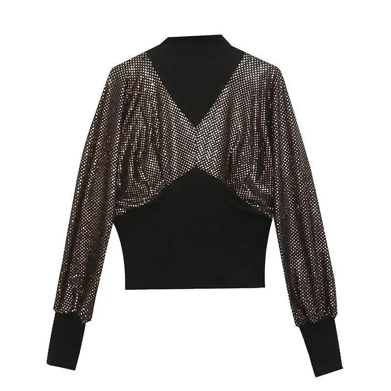 Tops de moda con mangas abullonadas y diamantes de imitación brillantes para mujer, trajes Rave para discoteca, camiseta de retazos con cuello alto y purpurina, ropa de calle informal