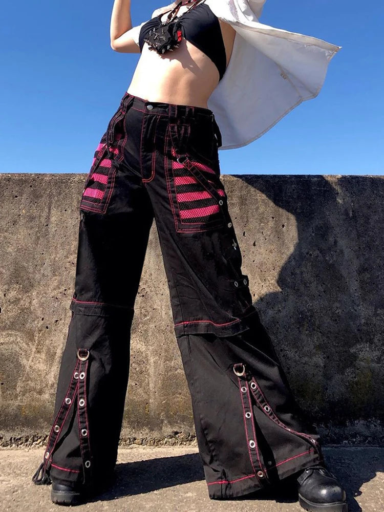 Weekeep Punk Wide Leg Pants Streetwear Low Rise Baggy Gothic Cargo Pants Korean Hip Hop Patchwork Casual Trousers Women Harajuku