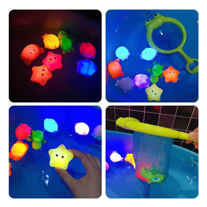 Juego de agua de lavado de animales resplandeciente, red de luz de agua flotante, pesca, peces, juguetes para jugar en el agua, juguetes de baño para bebés flotantes