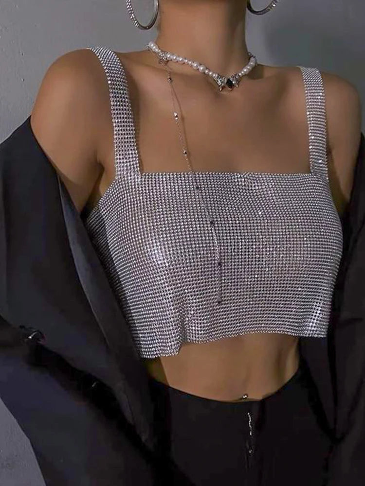 Top corto con purpurina metálica brillante para mujer, trajes de Festival Rave de música, chaleco de diamantes estilo discoteca, camisetas sin mangas con espalda descubierta, corsé de strass