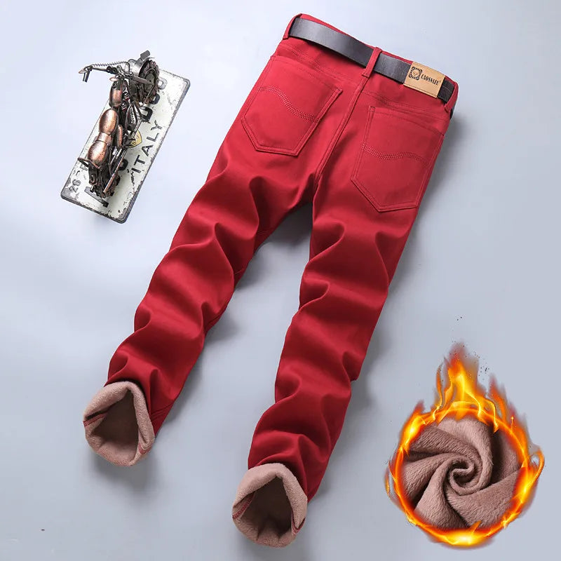 Nuevos pantalones vaqueros de Otoño Invierno para hombre, pantalones vaqueros de lana informales de negocios rojos cálidos, pantalones vaqueros ajustados elásticos, pantalones gruesos de marca para hombre