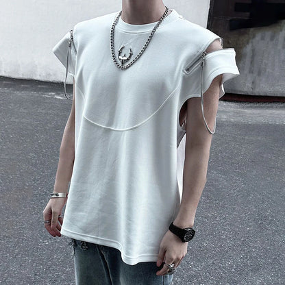 Mens Y2k Hand Zipper Stitching Casual T-Shirt 2024 New Genderless Fashion Individuality Street Sexy Hollow Loose T-Shirt Unisex