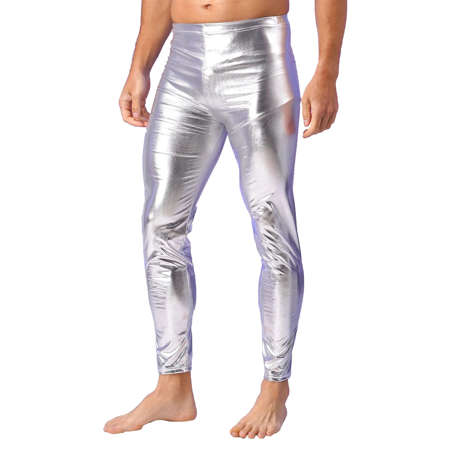 Mens Shiny Jazz Dance Long Pants with Metallic Shiny Dj Disco Skinny Pants Leggings Stage Performance Rave Nightclub Costume