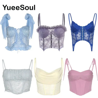 Top Corset en dentelle et maille pour femmes, mode Y2K, Sexy, rétro, mignon, doux, débardeur, noyau féerique, esthétique, été, sans manches, haut court, 2023