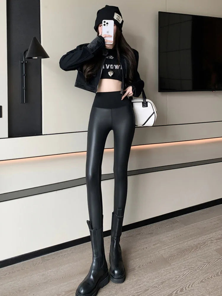 Pu Leather High Waist Straight Leather Pants Sexy Tight Hip Leggings Street Retro Beam Feet Zipper Motorcycle Trousers