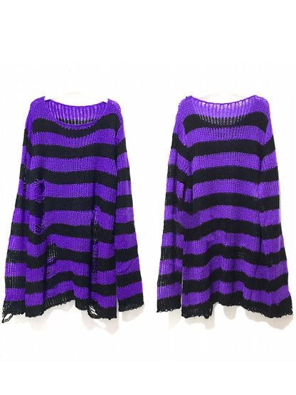 2023 New Harajuku Punk Goth Long Unisex Sweater Women Striped Hollowed Out Hole Broken Jumper Loose Rock Thin Streetwear 90s Top