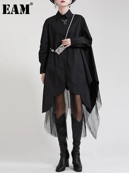 [EAM] Women Black Irregular Hem Big Size Shirt Dress New Lapel Long Sleeve Loose Fit Fashion Tide Spring Autumn 2024 1DE2485