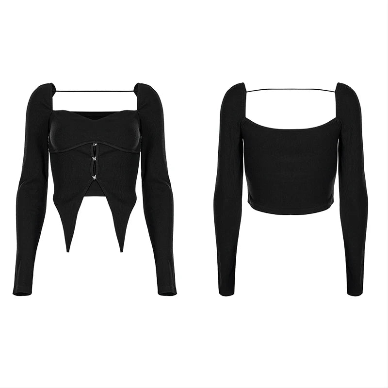 PUNK RAVE Women's Square Neck Gothic Hem Curved Segmentation T-shirt Butterfly Buttons Decoration Black Tops Spring & Autumn