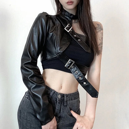 Vestes courtes gothiques en cuir PU noir pour femmes, asymétrique épaule dénudée, boucle licou, tenues Hip Hop, mode Streetwear solide