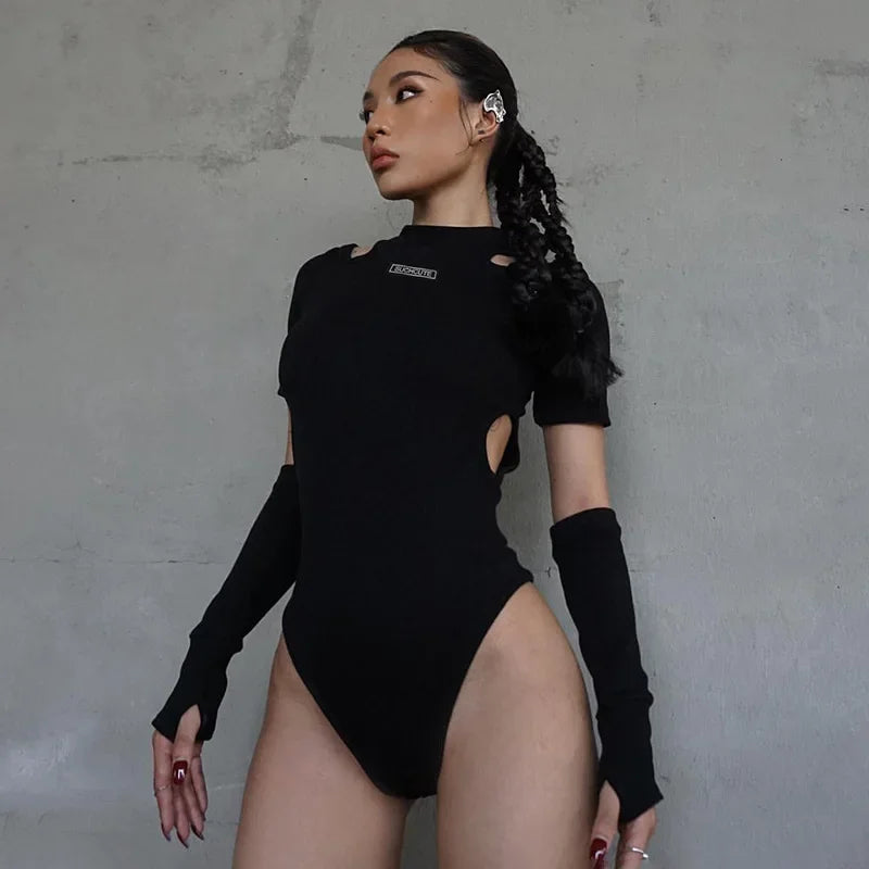 Women Emo Turtleneck Bodysuits Mesh Patchwork Print Biker Jumpsuit Fashion Female Workout Street Casual Rompers E-girl Y2k Tops