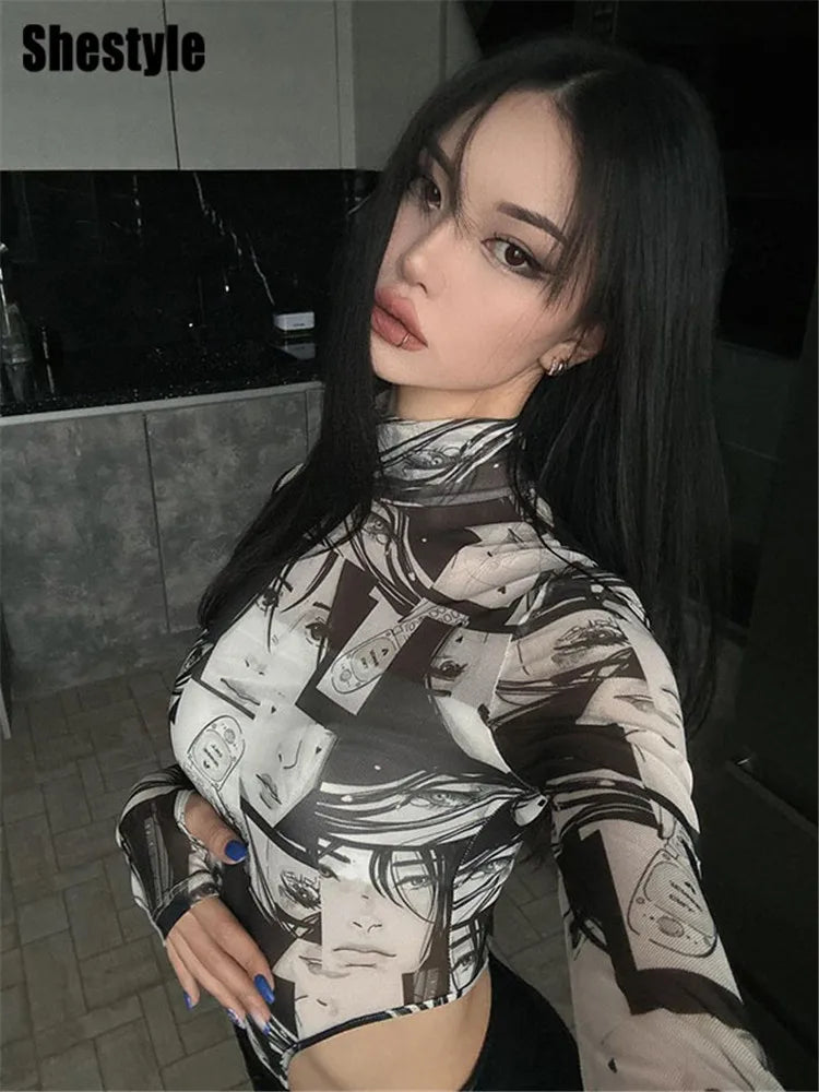 Shestyle Mesh See-Through Bodysuit Women Cartoon Printted High Waist Autumn Sheer Stretchy Hand Hole Sleeve Fashoin Sexy T-Shirt