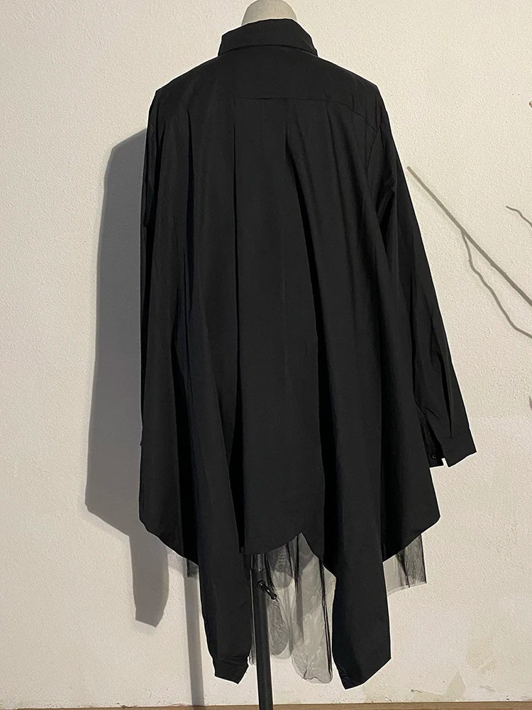 [EAM] femmes noir ourlet irrégulier grande taille chemise robe nouveau revers à manches longues coupe ample mode marée printemps automne 2024 1DE2485