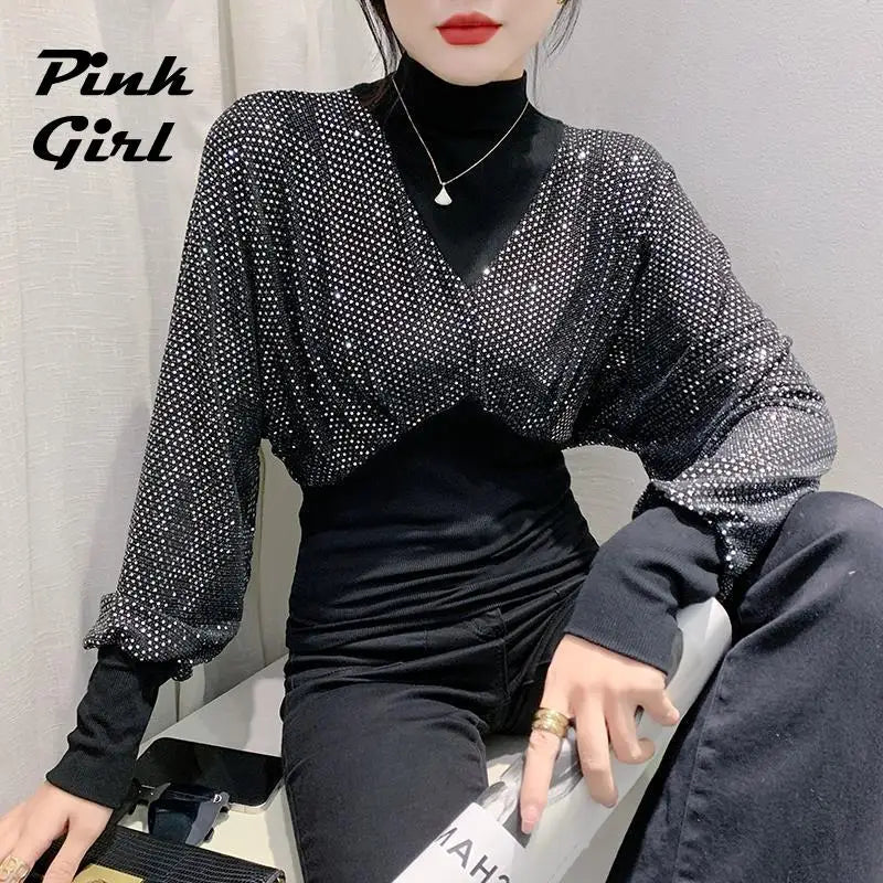 Fashion Puff Sleeve Sparkle Rhinestone Tops Women Nightclub Rave Outfits Glitter High Collar Patchwork T-shirt Casual Streetwear