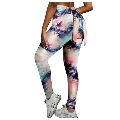 Sexy Tie Dye Printed Yoga Pants High Waist Stretch Leggings Stretch Buttock Push Up Tights For Women Bow Bandage Fitness Legging