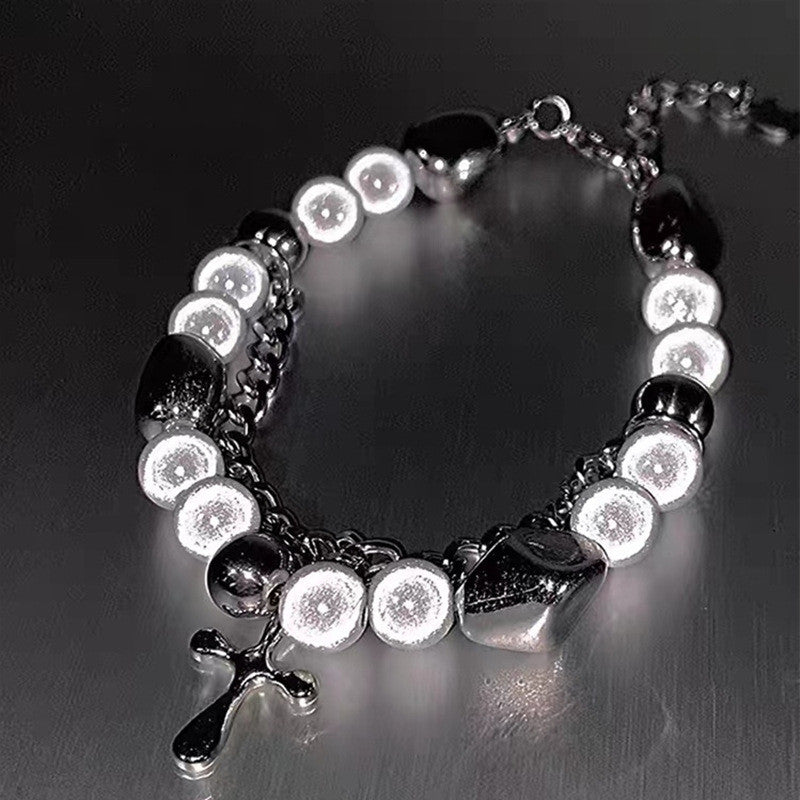 Joyería de moda Pulsera cruzada de perlas reflectantes de doble capa