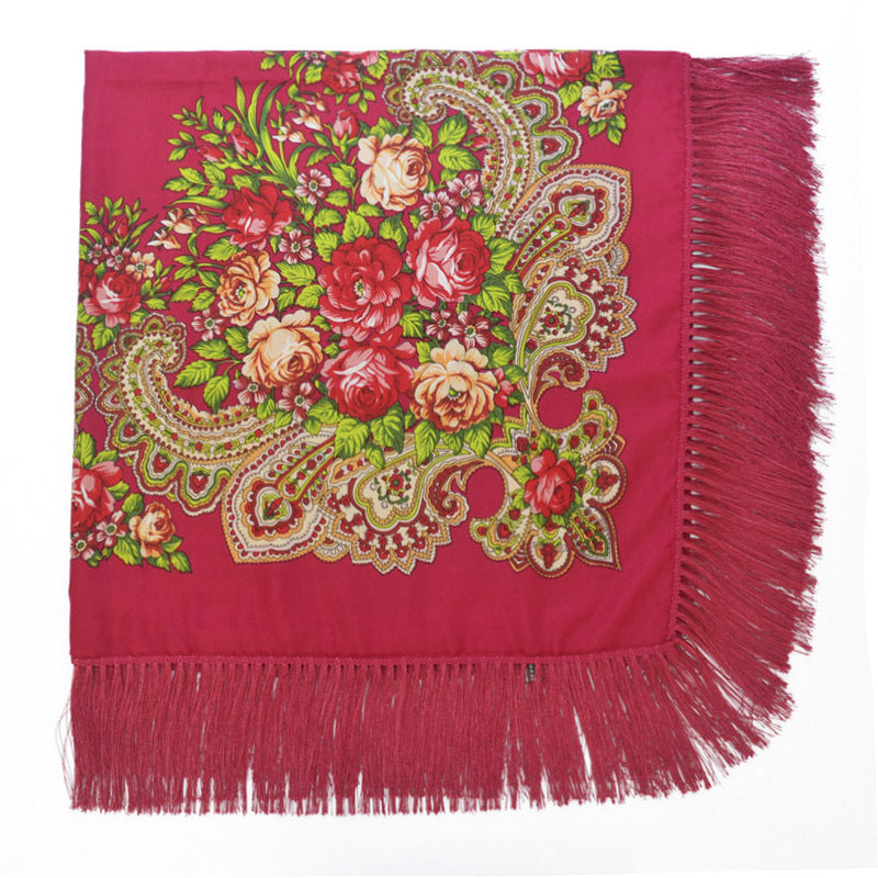 Women's Retro Print Floral Fringed Scarf