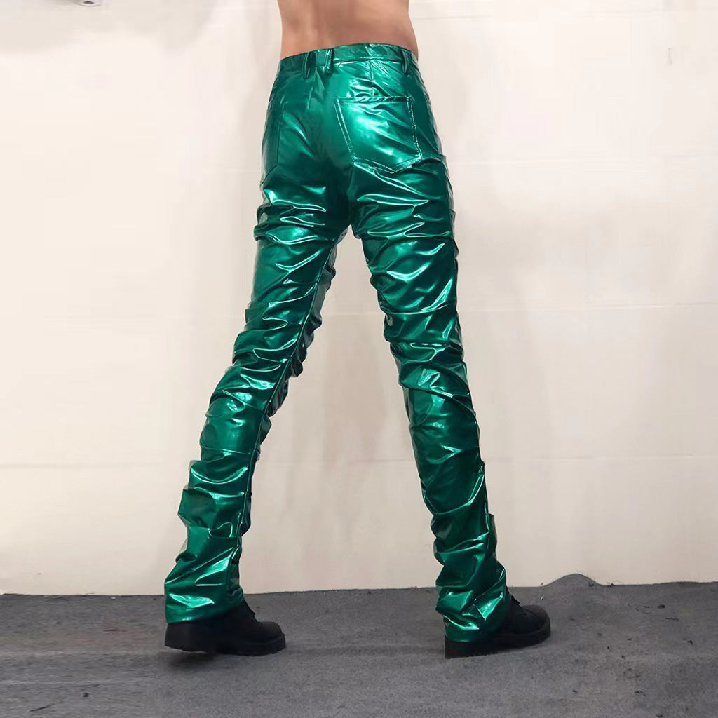 Pantalon en cuir évasé plissé miroir réfléchissant brillant sexy pour hommes